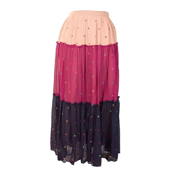 Farm Rio Mixed Dots Maxi Skirt Red Navy Multi Polka Dot Tiered Skirt - Picture 3 of 13